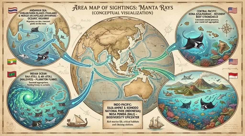 Global conceptual map highlighting primary manta ray sighting regions, oceanic migratory paths, and crucial aggregations worldwide.