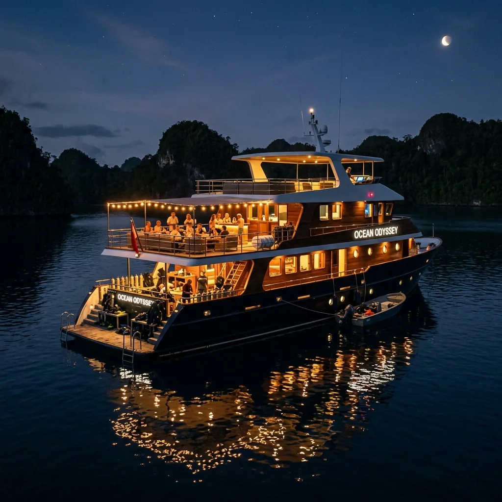 Liveaboard boat at dusk